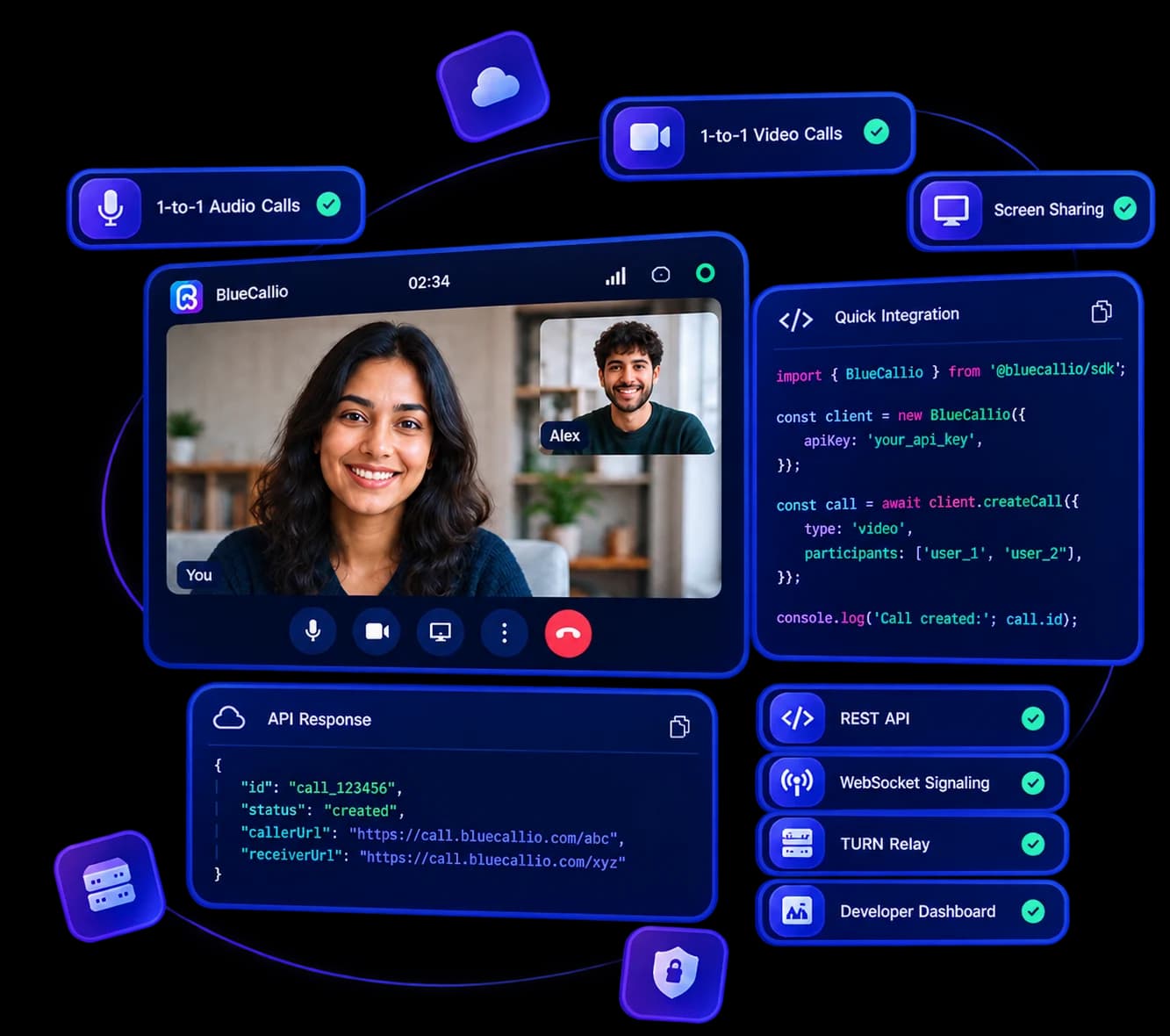 PurpleCallio video call interface with quick integration code and API response preview